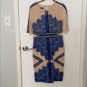 Tan dress with blue lace detailing